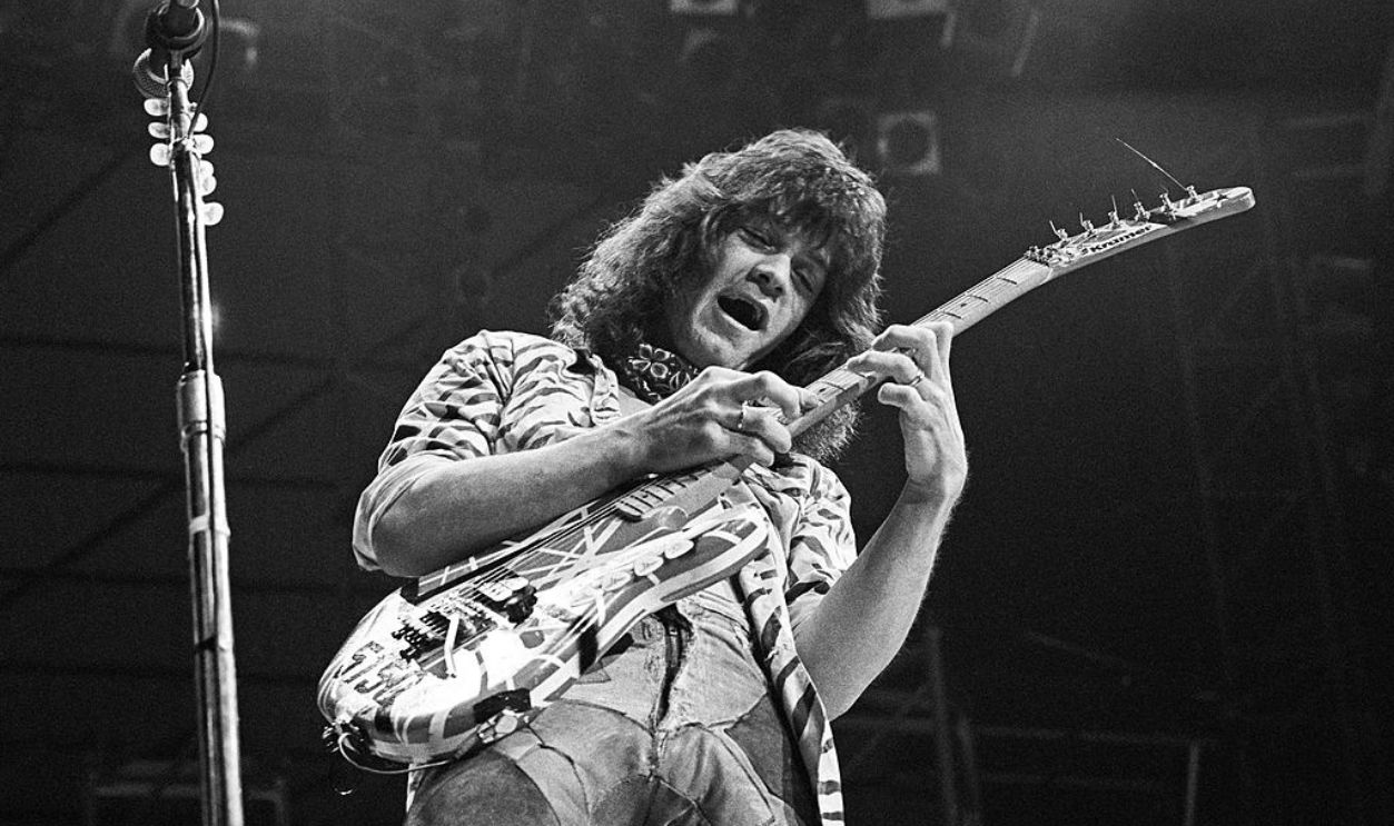 American musician Eddie Van Halen, of the group Van Halen, performs at Nassau Coliseum, Uniondale, New York, 1984.