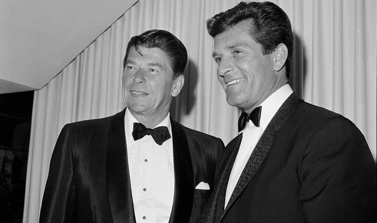 LOS ANGELES,CA - CIRCA 1966: California Governor Ronald Reagan poses with actor Hugh O'Brian during an event in Los Angeles,CA.