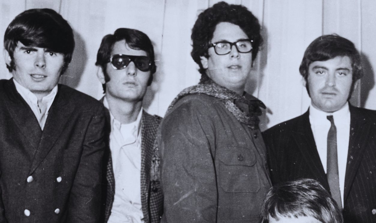 The Turtles Portrait of American rock band 'The Turtles'; (back L-R) Al Nichol, Jim Tucker, Mark Volman, Howard Kaylan and (front L-R) Johnny Barbara and Jim Pon, promoting their new single 'She'd Rather Be With Me' in Britain, June 13th 1967. 