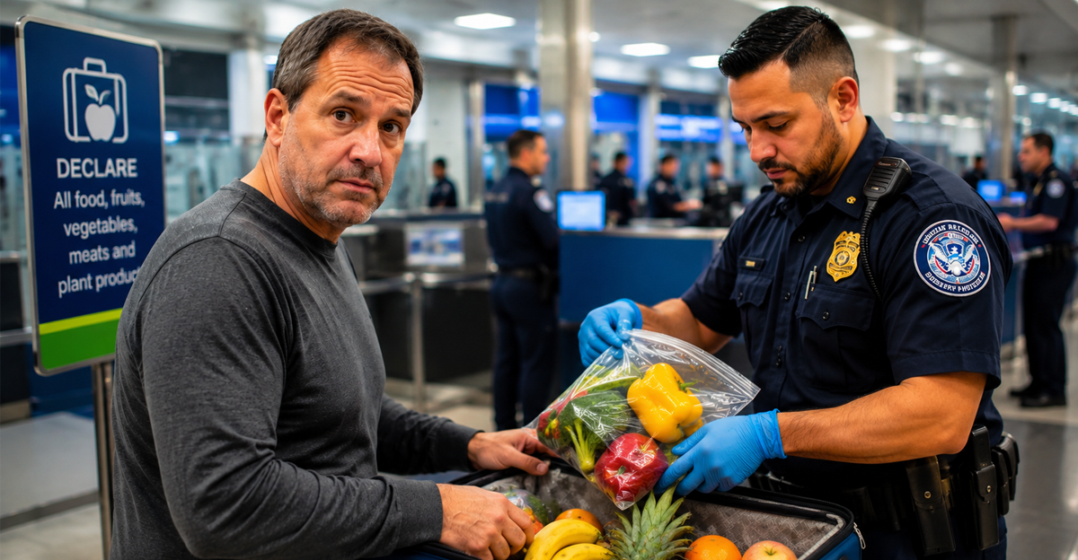 Man in airport; border agent seizing food from luggage