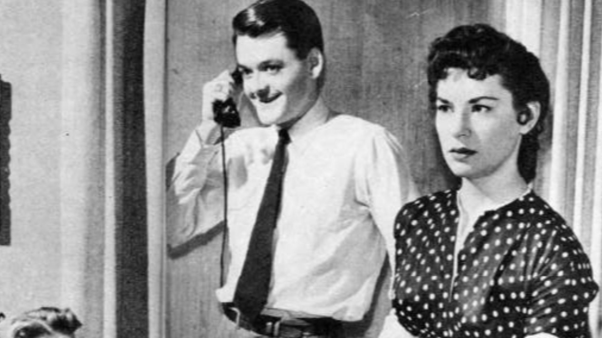 A scene from the daytime drama The Brighter Day. Three of Reverend Dennis' children are shown. From left: Mary Linn Beller (Babby), Hal Holbrook (Grayling), and Lois Nettleton (Patsy). Grayling was in charge of the house hold while his father was in Chica