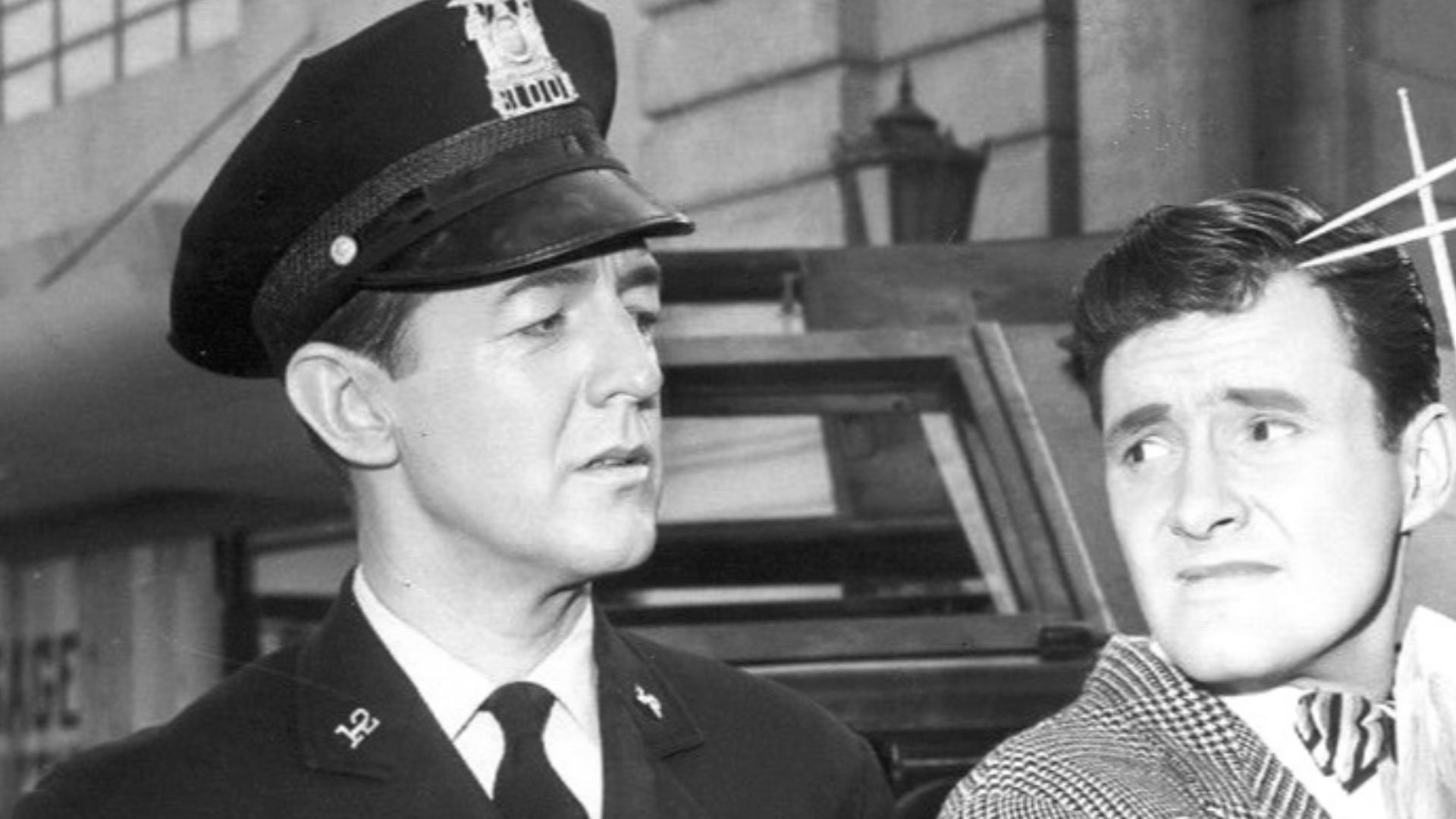 Photo of Orson Bean as Mr. Bevis and William Schallert as the policeman from the Twilight Zone episode