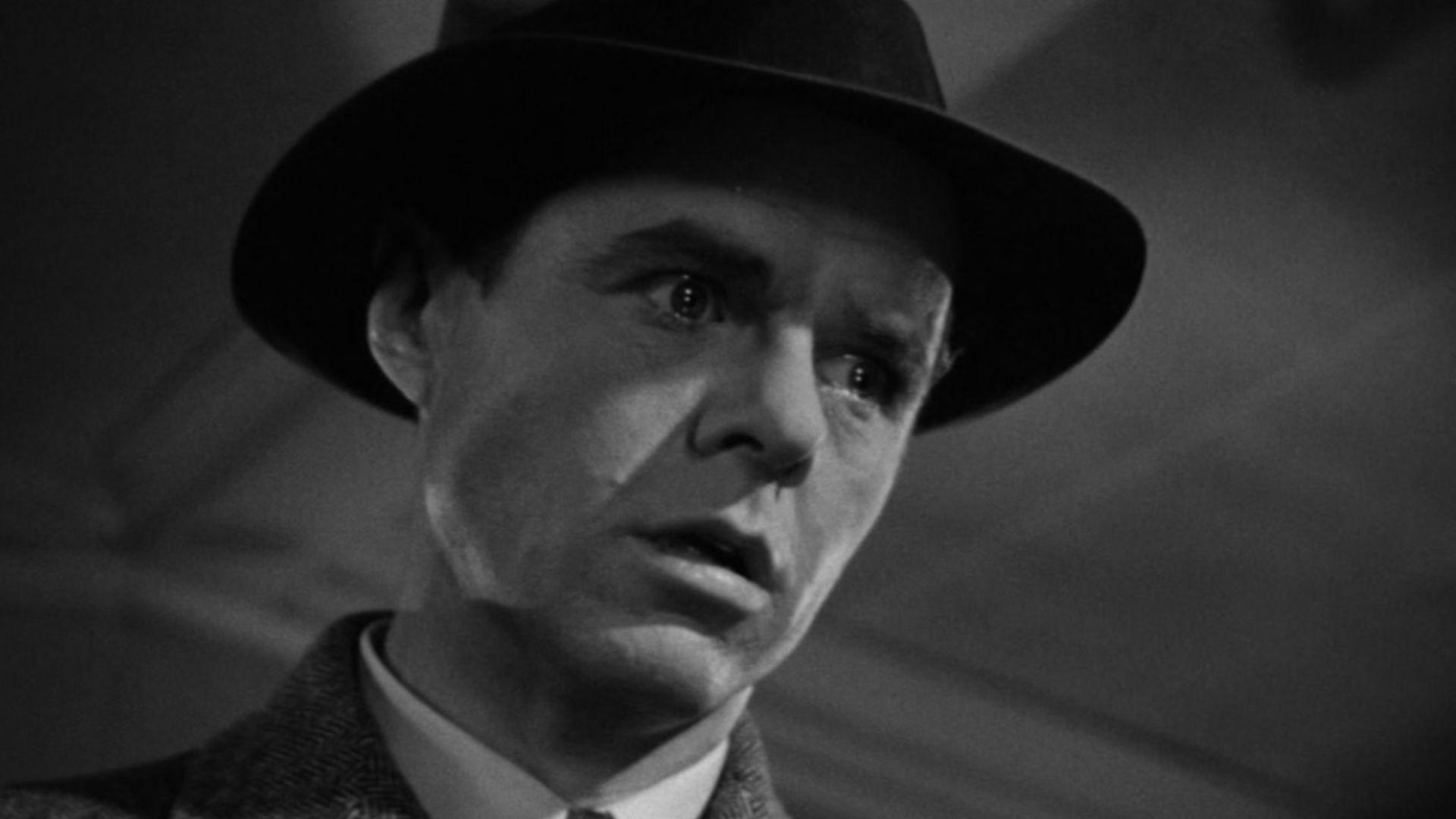 Frame from the 1941 public domain trailer for the Warner Bros. film The Maltese Falcon showing Elisha Cook, Jr. as Wilmer the gunsel.