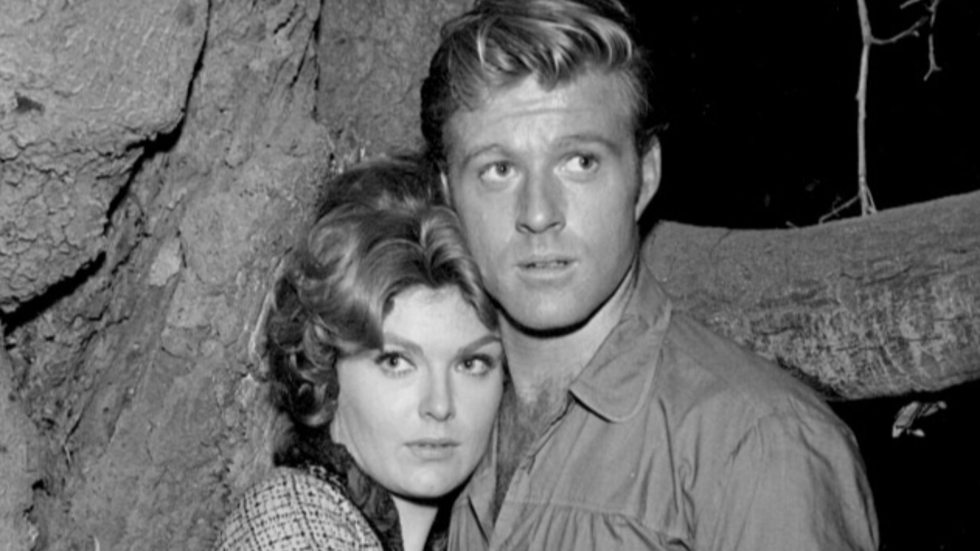 Photo of Robert Redford and Patricia Blair in an episode of The Virginian,
