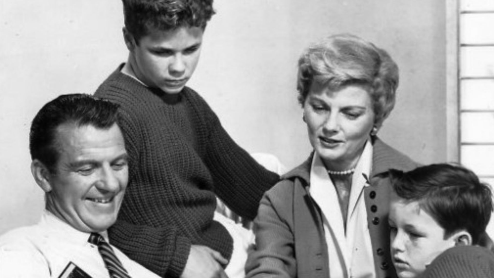 Photo of the Cleaver family from the television program Leave it to Beaver.  From left: Hugh Beaumont (Ward), Tony Dow (Wally), Barbara Billingsley (June), Jerry Mathers (Theodore AKA