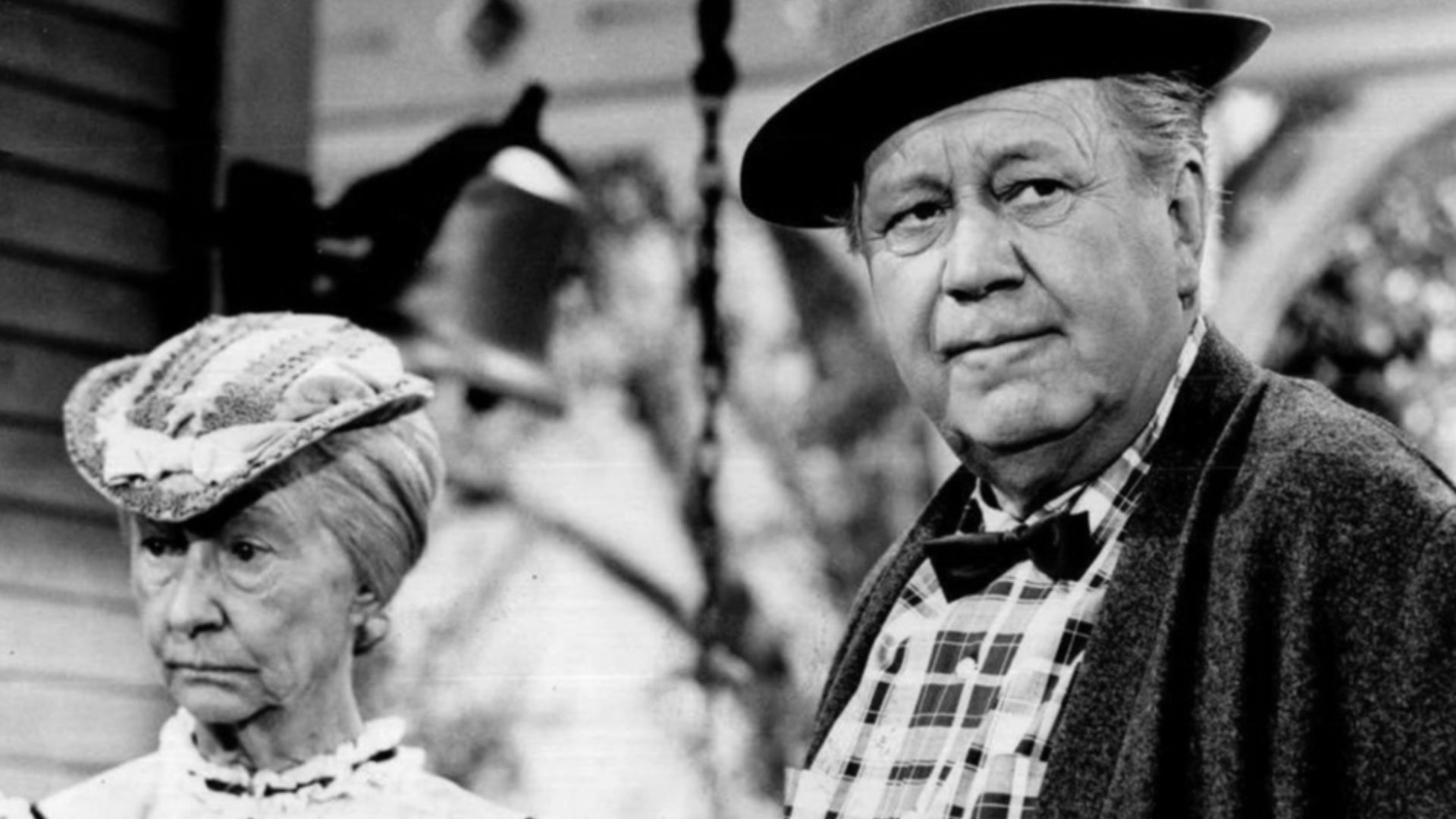 Photo of Irene Ryan and Edgar Buchanan from the television program Petticoat Junction.  Ryan, as Granny Clampett from The Beverly Hillbillies, visits Hooterville and is met by Uncle Joe.