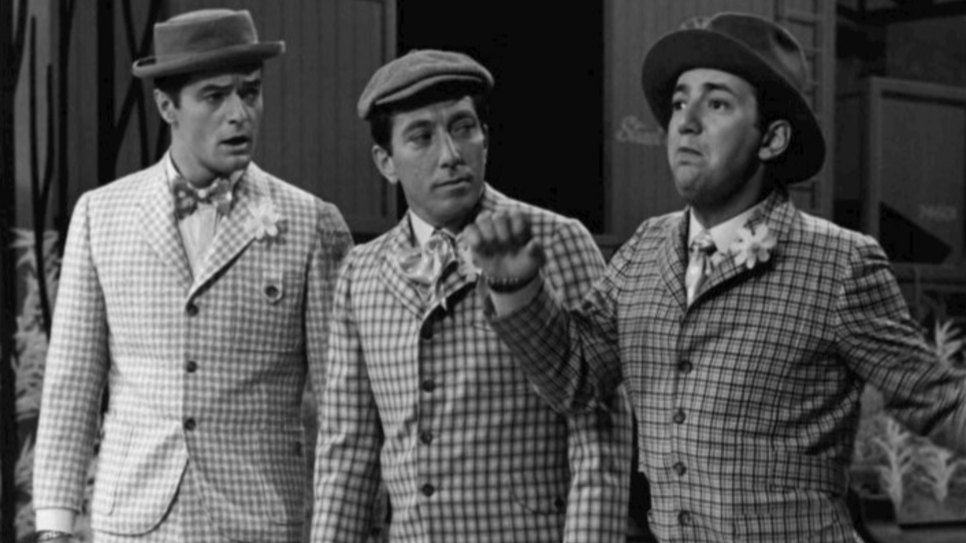 Photo of Robert Goulet, Andy Williams and Bobby Darin in a scene from a skit on The Andy Williams Show.