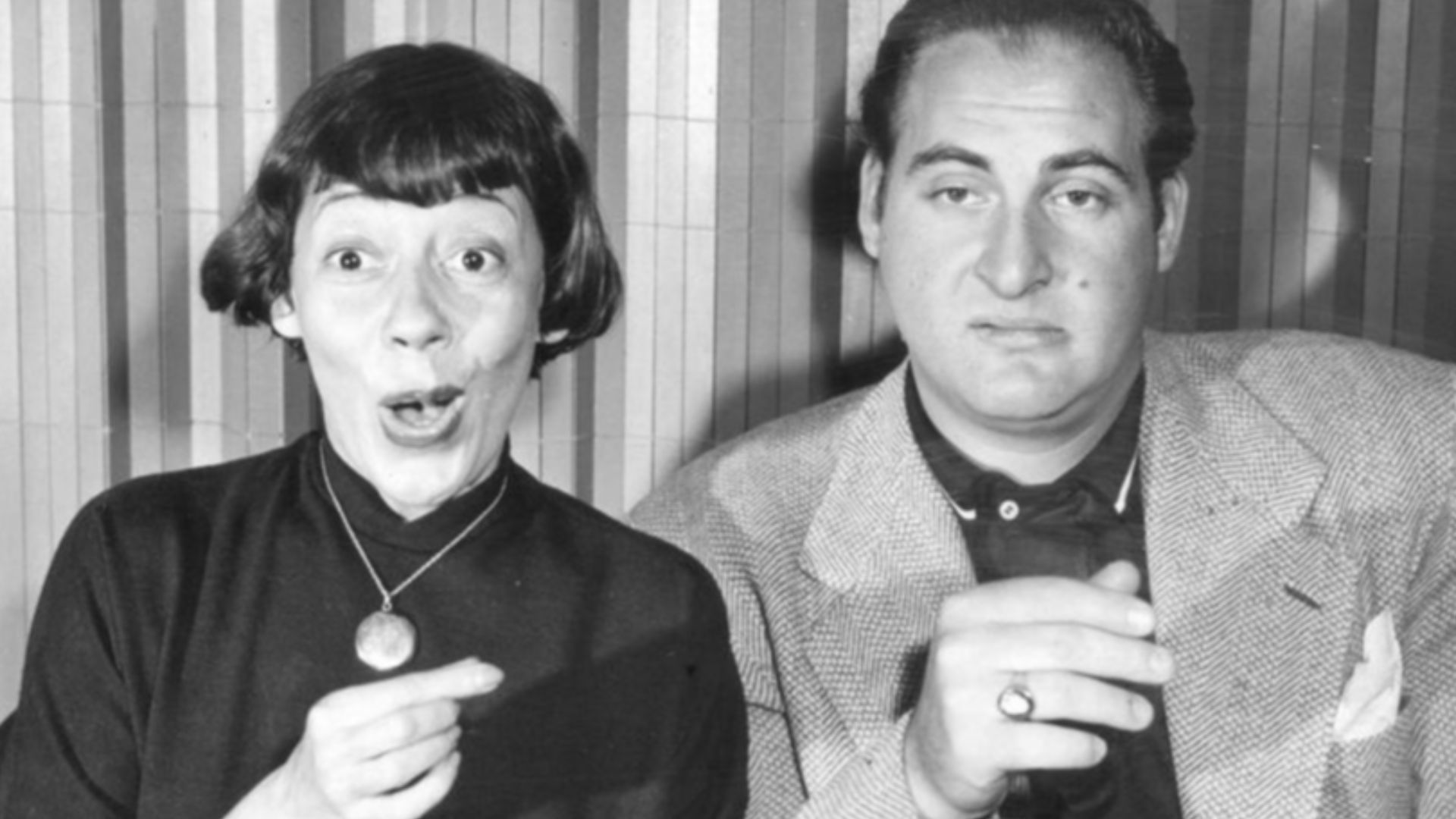 Promotional photo of Imogene Coca and Sid Caesar from Your Show of Shows, 1952.
This photo was produced prior to 1978 and has no copyright markings.
The show was on television from 1950 to 1954; after that time, Caesar had a show called Caesar's Hour.  Th
