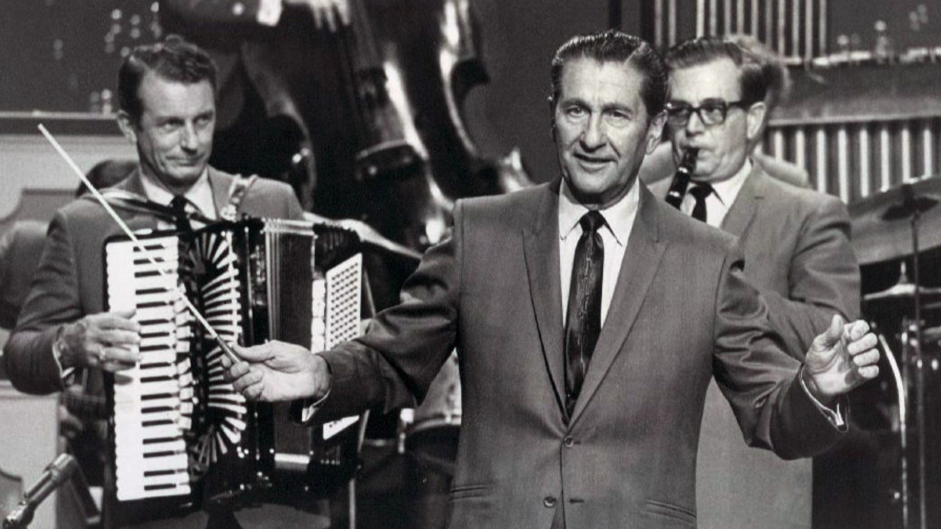 Publicity photo of Lawrence Welk and his orchestra from the television program The Lawrence Welk Show.  Myron Floren is seen at left with his accordion.