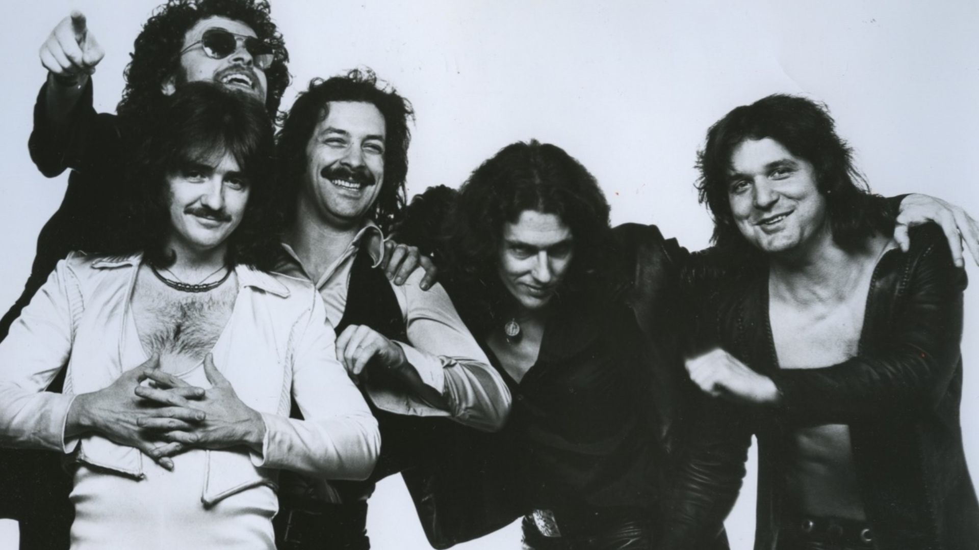 Publicity photo of the band Blue Öyster Cult issued by Columbia Records in 1977 of the lineup that lasted from 1971 to 1981. Left to right: Donald