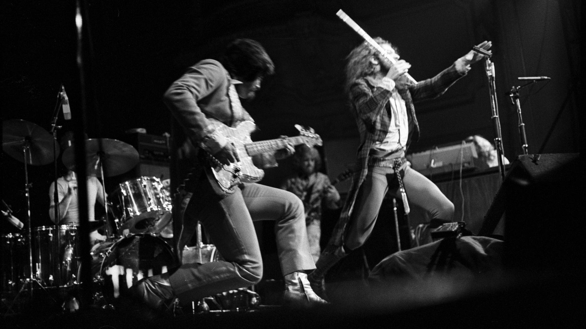 Jethro Tull, Musikhalle Hamburg, März 1973, Aqualung-Tournee. From left to right: Barriemore Barlow (drums), Jeffrey Hammond (bass), Martin Barre (guitar), Ian Anderson (flute, guitar, vocals), John Evan (keyboards).