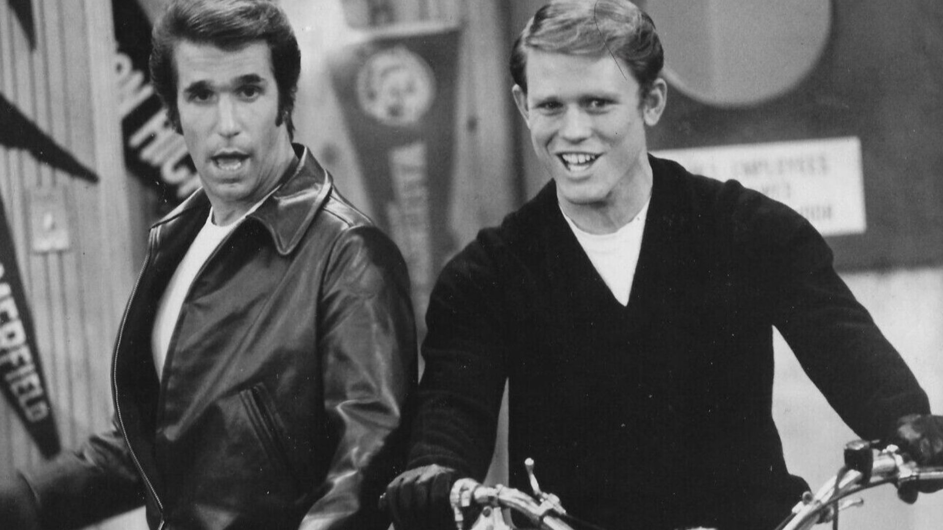 Publicity photo of Fonzie (Henry Winkler) and Richie (Ron Howard) from Happy Days.