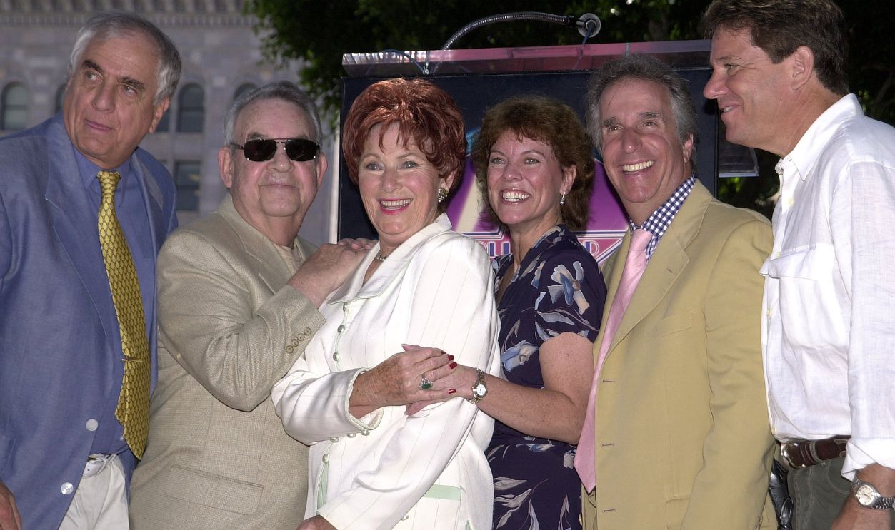 Marion Ross Receives Star on Hollywood Walk of Fame 391771 08: Actress Marion Ross, center is joined by director Garry Marshall, left and fellow "Happy Days" cast members Tom Bosley, Erin Moran, Henry Winkler and Anson Williams after Ross received a star on the Hollywood Walk of Fame July 12, 2001 in Hollywood, CA.