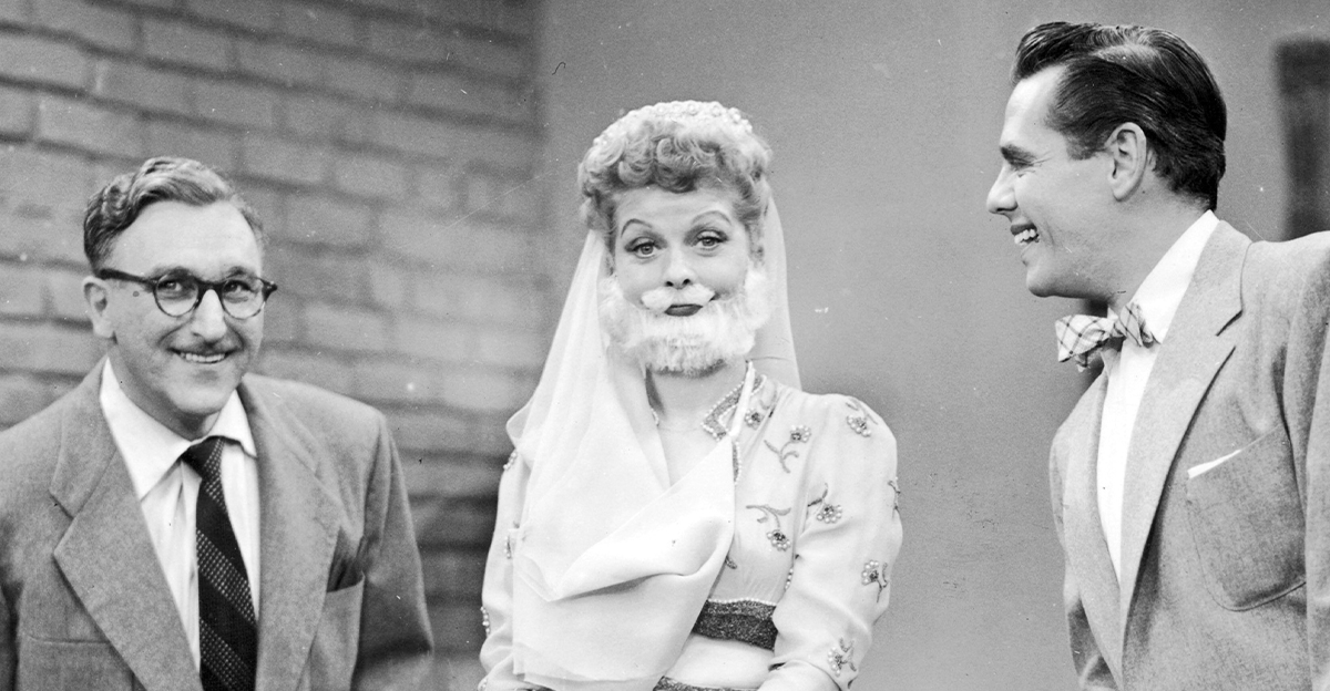 American comedienne Lucille Ball wearing harem pants and a false beard for 'The Moustache', an episode of the television series 'I Love Lucy', 1952.