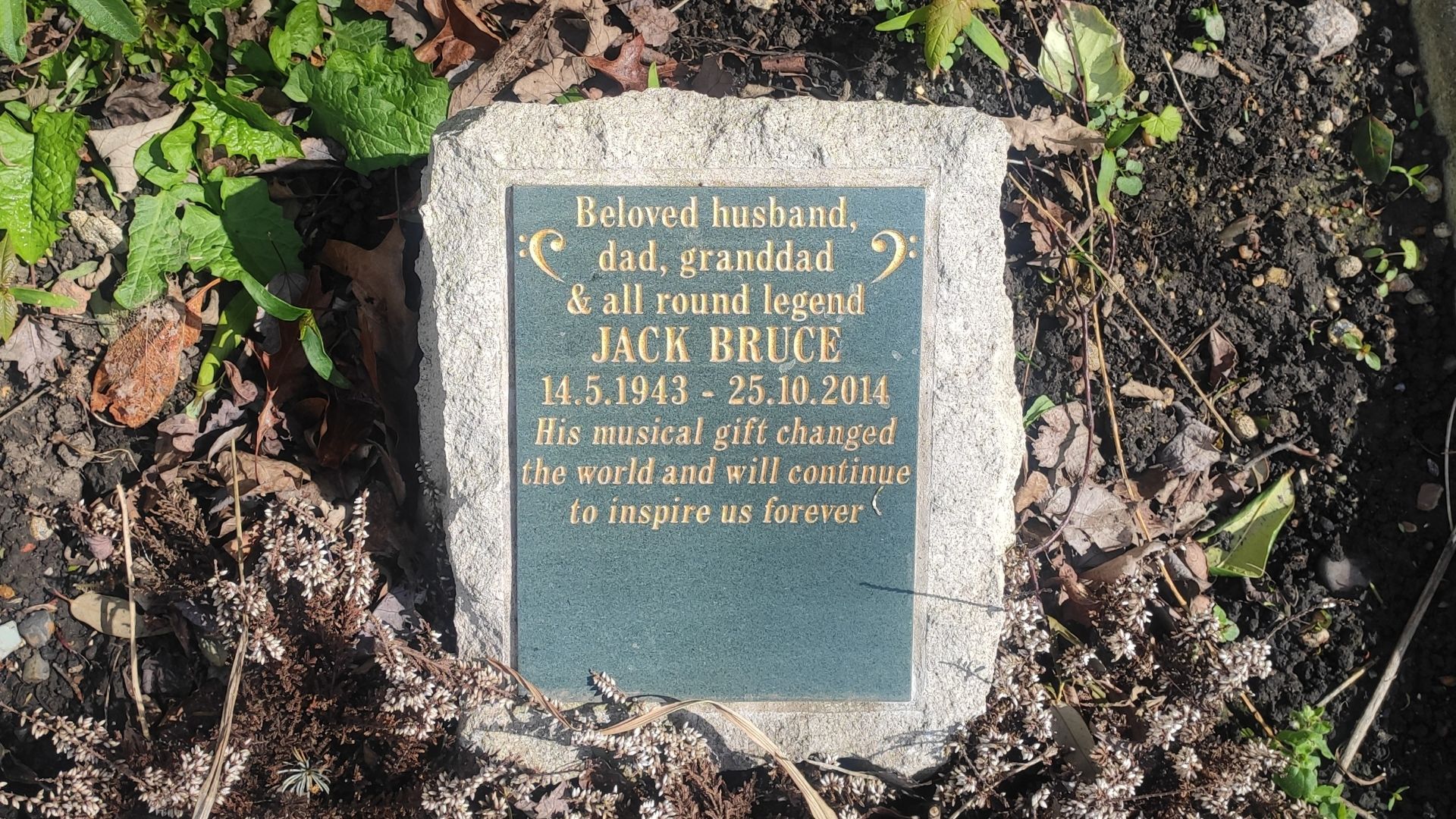 Plaque dedicated to Jack Bruce at Golders Green Crematorium
