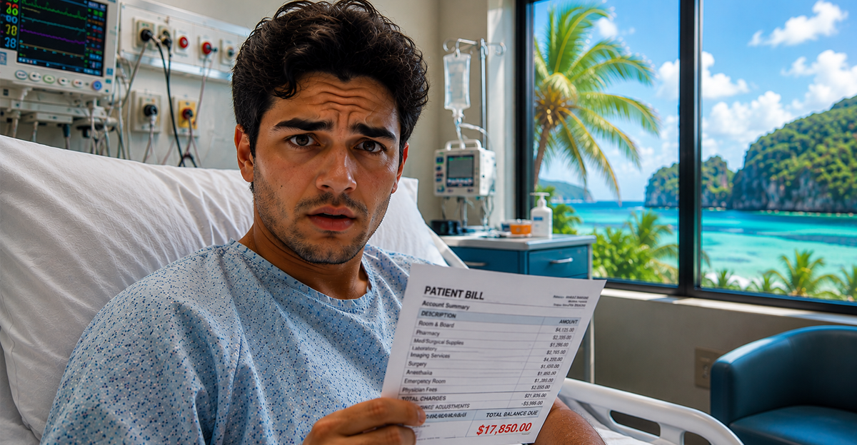 Man in hospital bed holding bill