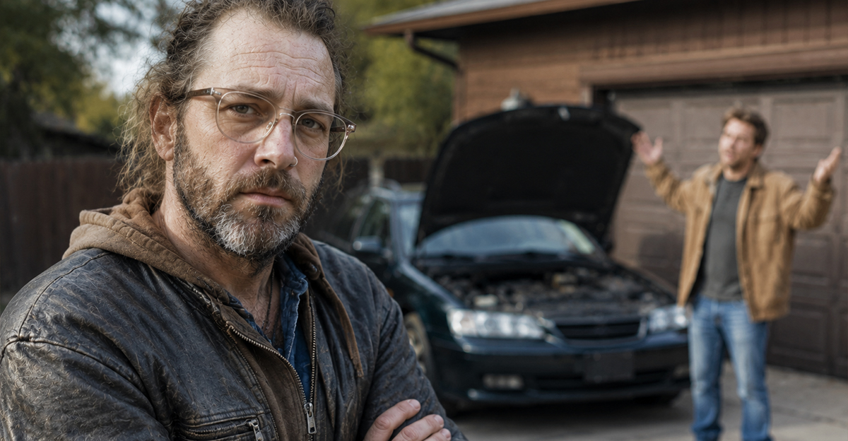 A disgruntled man stands in front of his broken-down car.