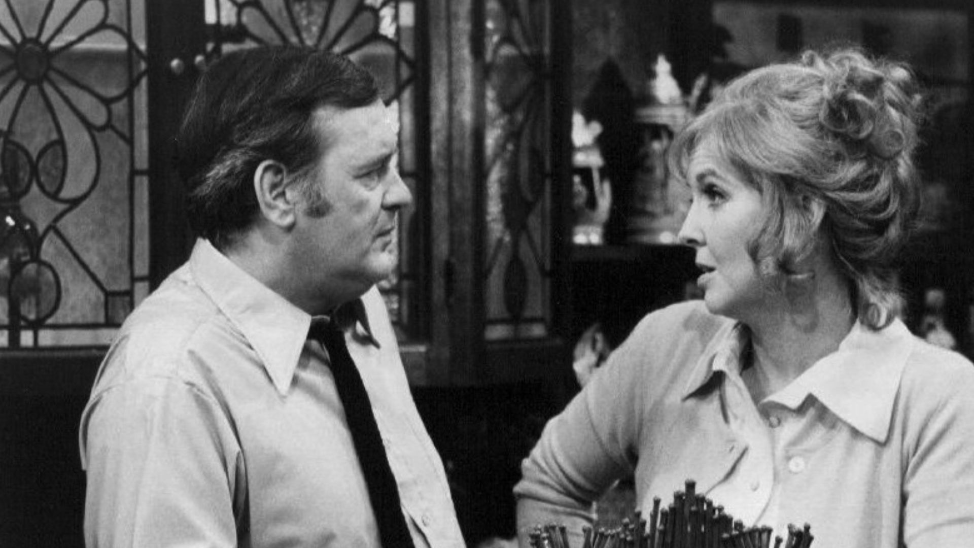 Photo of Eugene Roche as Frank Flynn and Anne Meara as Mae from the television program The Corner Bar.