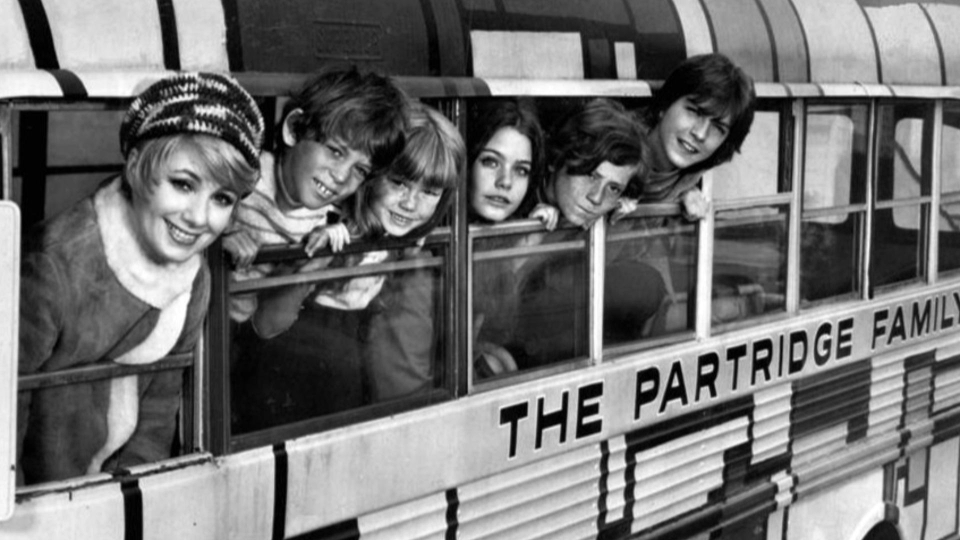 Photo of the cast of the television program The Partridge Family.  This is the first season cast including Jeremy Gelbwaks.  From left: Shirley Jones, Jeremy Gelbwaks, Suzanne Crough, Susan Dey, Danny Bonauce, David Cassidy.