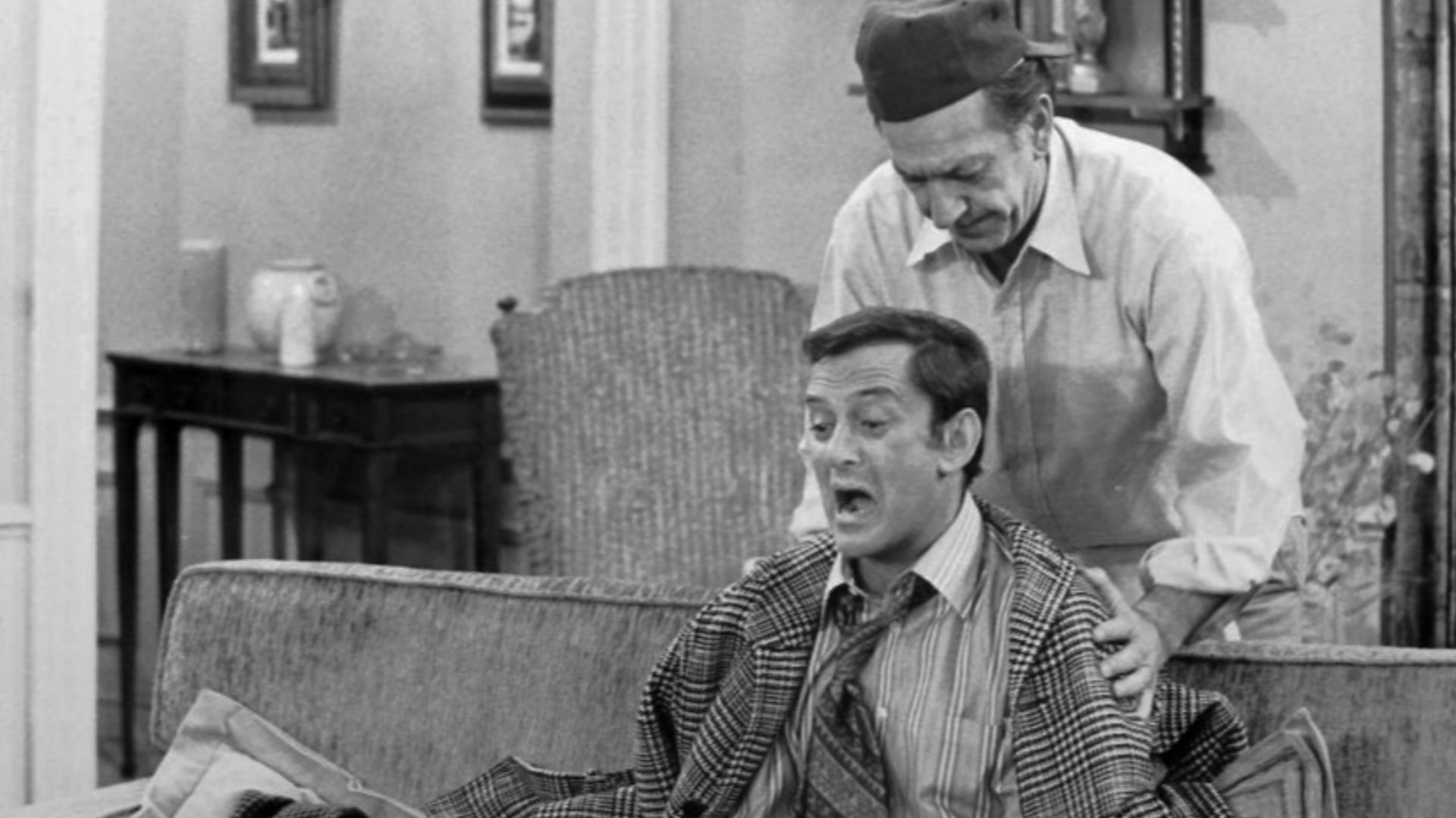 Photo of Jack Klugman as Oscar Madison and Tony Randall as Felix Unger from the television program The Odd Couple. In this episode, Oscar saves Felix's life and Felix is overcome by gratitude.