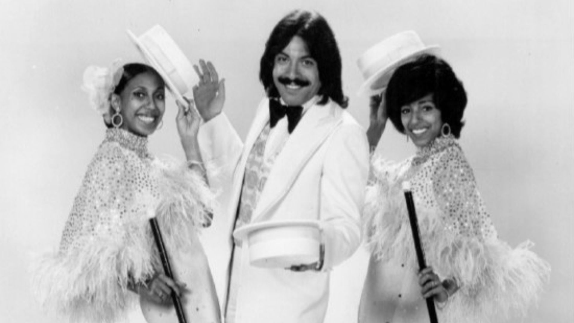 Publicity photo of the musical group Tony Orlando and Dawn from the premiere of their television program. From left: Telma Hopkins, Tony Orlando, Joyce Vincent Wilson.