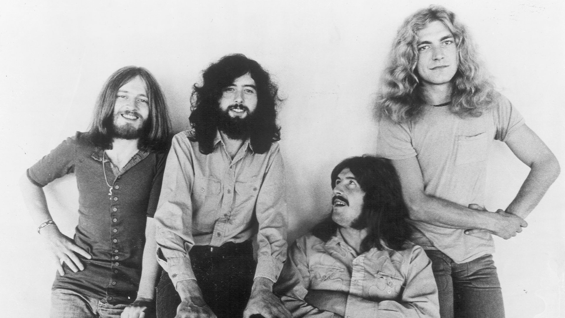 Promotional photograph of the band Led Zeppelin, 1971. From left to right: bassist John Paul Jones, guitarist Jimmy Page, drummer John Bonham and vocalist Robert Plant.