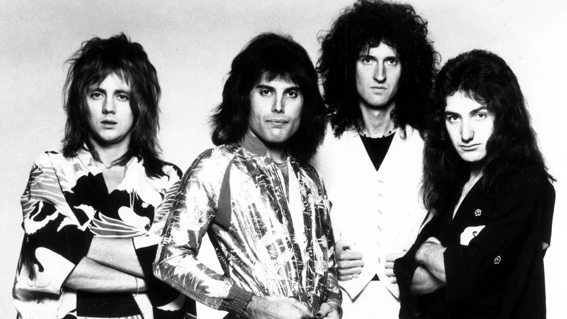 Musical group Queen, in a 1975 promotional photo for their album A Night At The Opera. Photo was published by their American label Elektra Records.