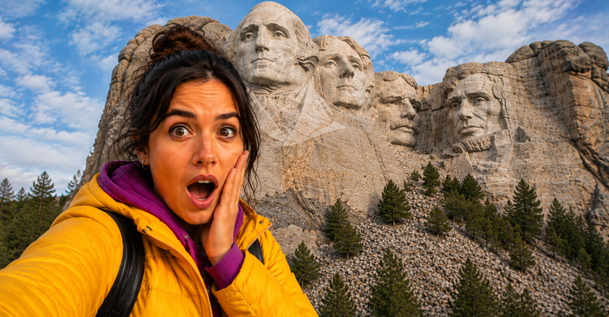 AI-generated image of a woman standing in front of Mount Rushmore