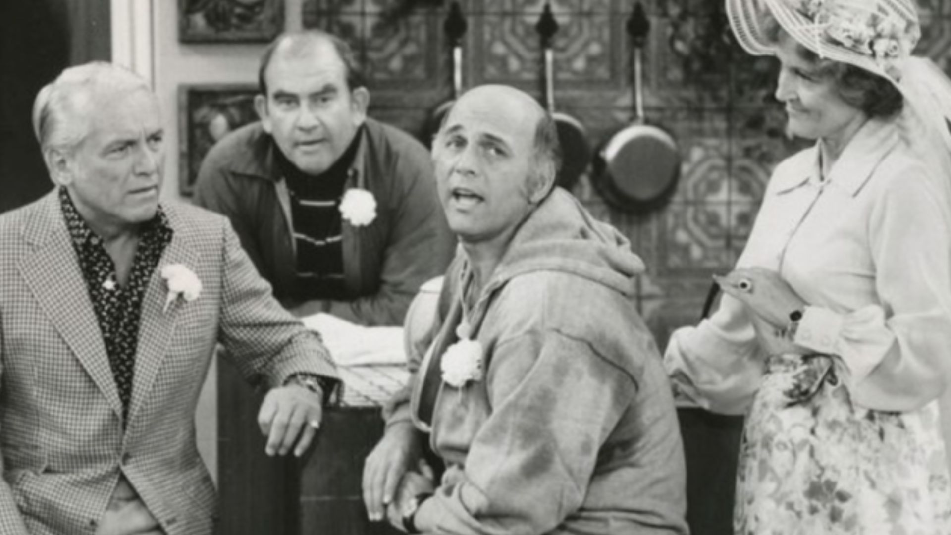 Publicity photo of Ted Knight, Ed Asner, Gavin MacLeod and Betty White from The Mary Tyler Moore Show. In this episode, Ted and Georgette decide to be married while at Mary's dinner party, and the wedding is arranged immediately.  Ted and friends wait in 