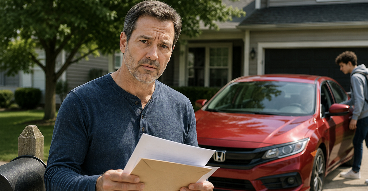 AI-generated image of a man worried about his teenager and insurance premium.