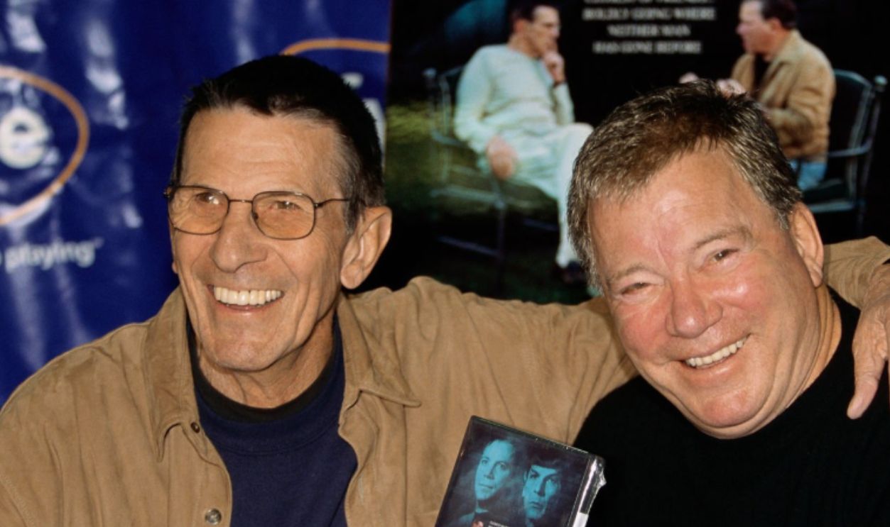 Leonard Nimoy and William Shatner signing copies of their video Mind Meld. 