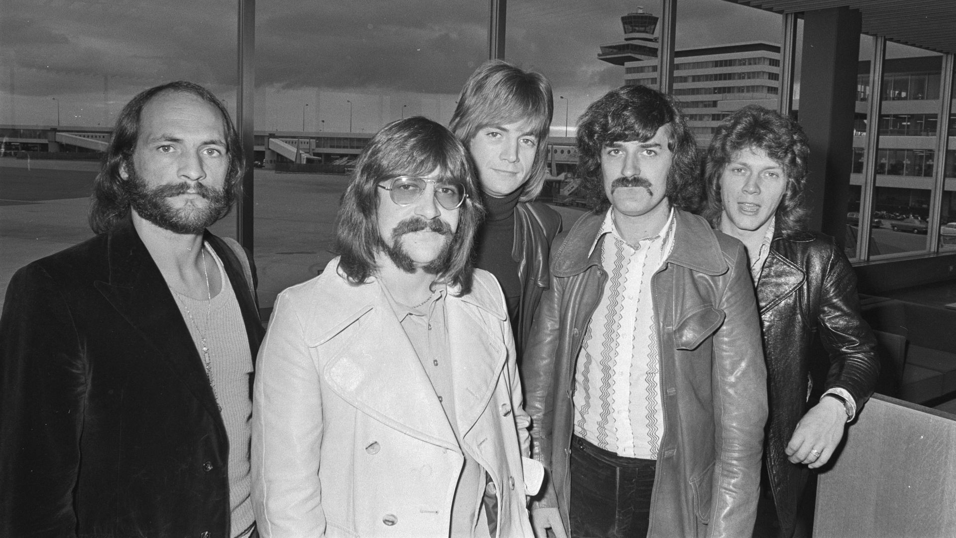 The Moody Blues arrive at Amsterdam Airport Schiphol, The Netherlands in 1970