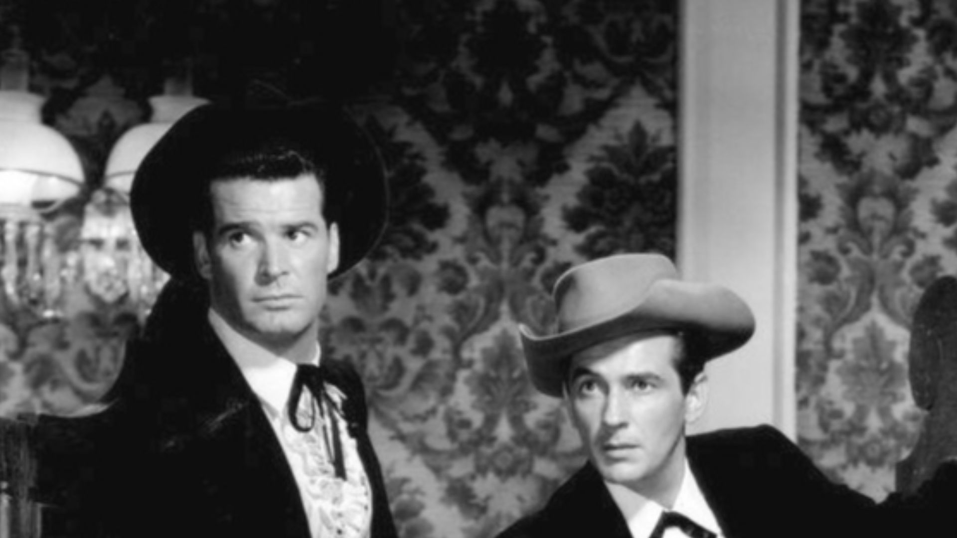 Photo of James Garner as Bret Maverick and Jack Kelly as Bart Maverick from the television program Maverick.