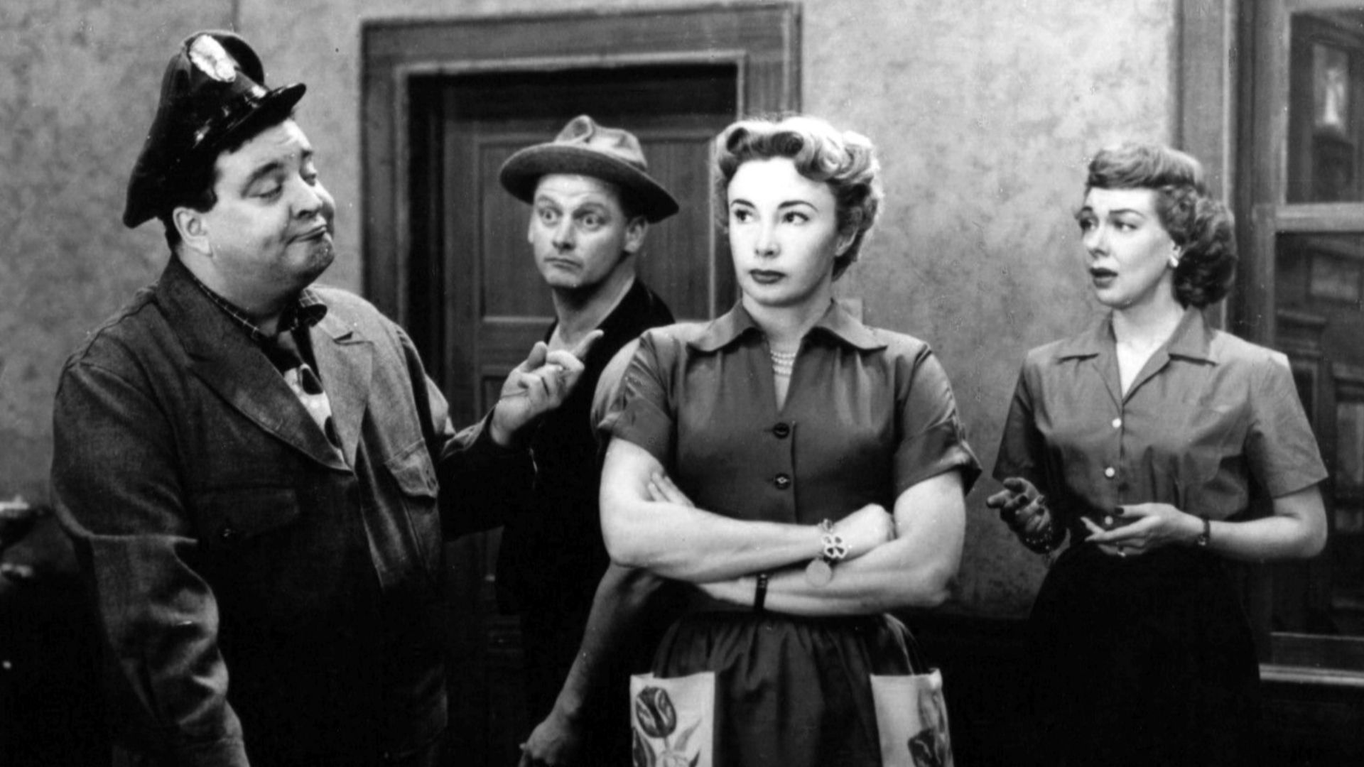 Photo of the full cast of The Honeymooners.  From left-Jackie Gleason (Ralph Kramden), Art Carney (Ed Norton), Audrey Meadows (Alice Kramden), Joyce Randolph (Trixie Norton).