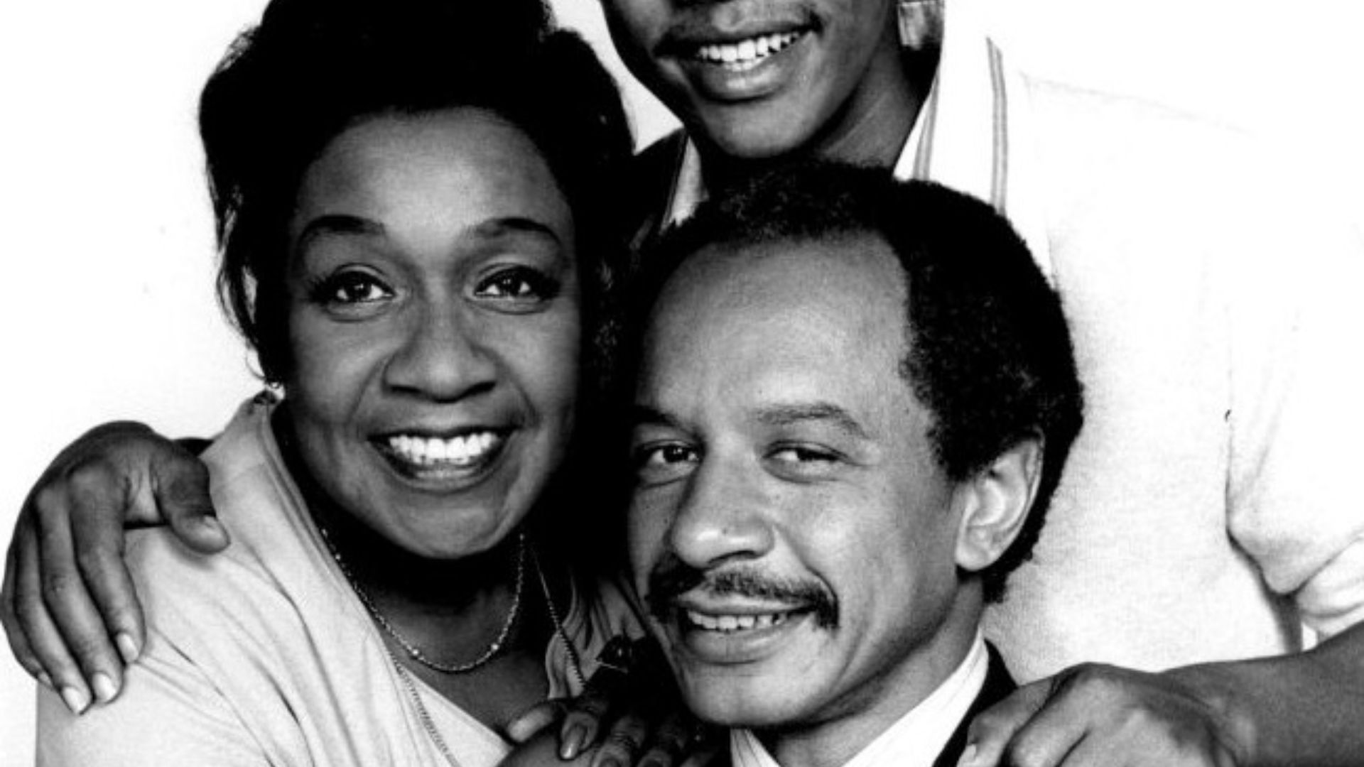 Publicity photo of American actors Isabel Sanford, Sherman Hemsley and Mike Evans promoting the upcoming January 18, 1975 premiere of the television series The Jeffersons.