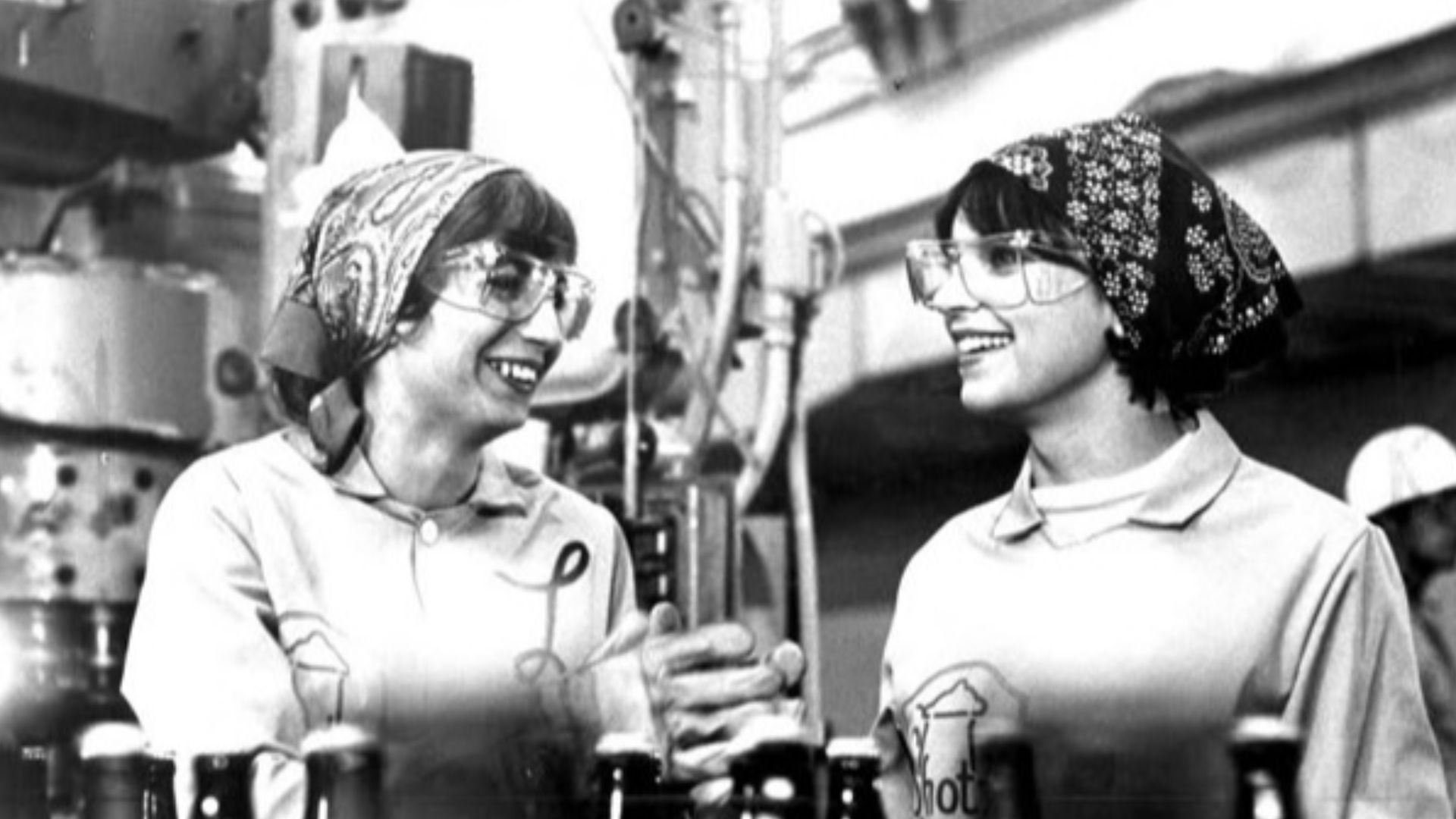 Photo from the television program Laverne & Shirley.  Penny Marshall and Cindy Williams are shown at work in the Shotz brewery.