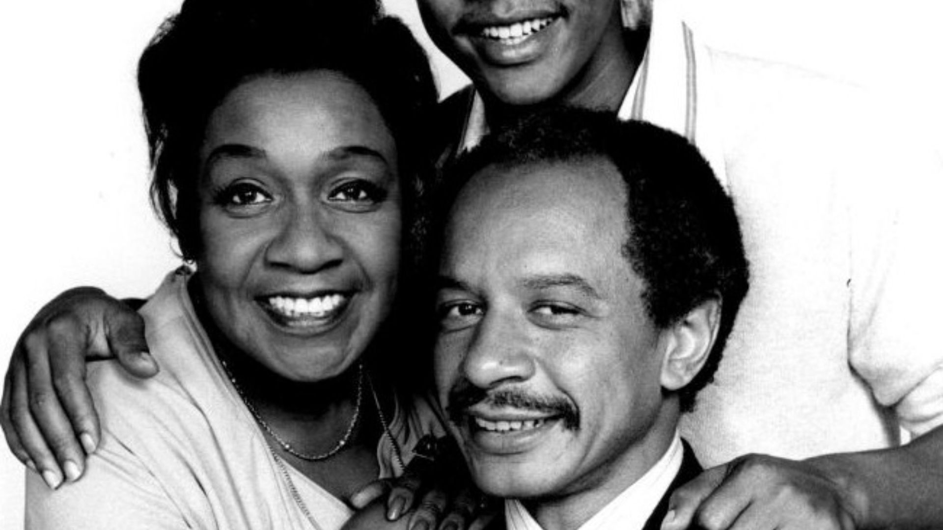 Publicity photo of American actors Isabel Sanford, Sherman Hemsley and Mike Evans promoting the upcoming January 18, 1975 premiere of the television series The Jeffersons.