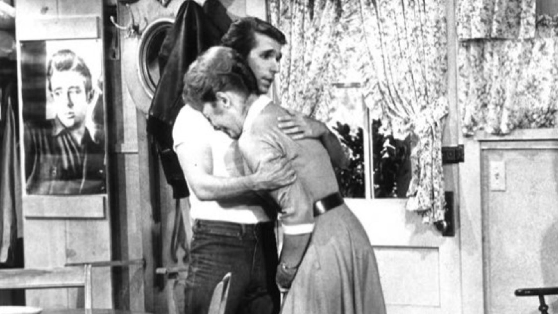 Photo from the television program Happy Days.  In this episode, Marion (Marion Ross) feels life has passed her by; her children are growing up and she feels like she's not needed.  Mrs. C turns to Fonzie (Henry Winkler), whose apartment is above the Cunni