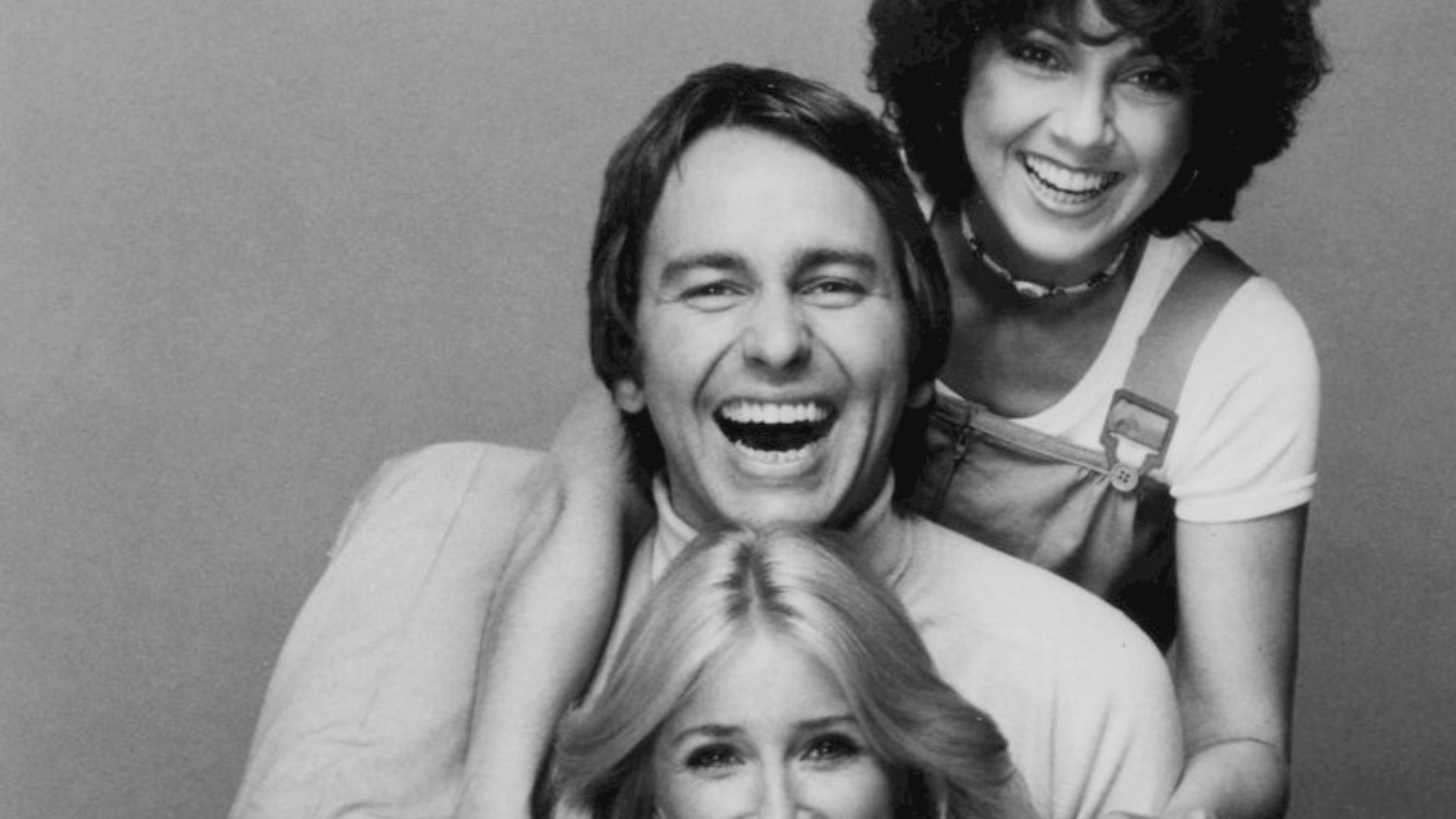 Photo of the roommates from the television program Three's Company.  From top-Joyce DeWitt (Janet), John Ritter (Jack), Suzanne Somers (Chrissy).