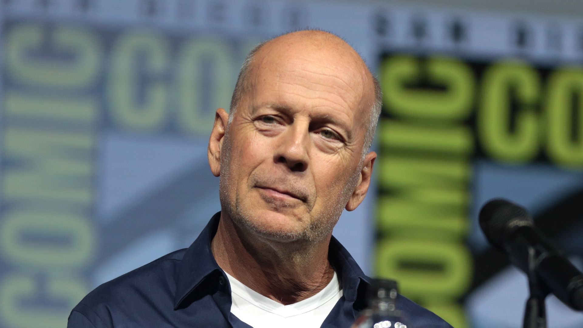 Bruce Willis speaking at the 2018 San Diego Comic Con International, for