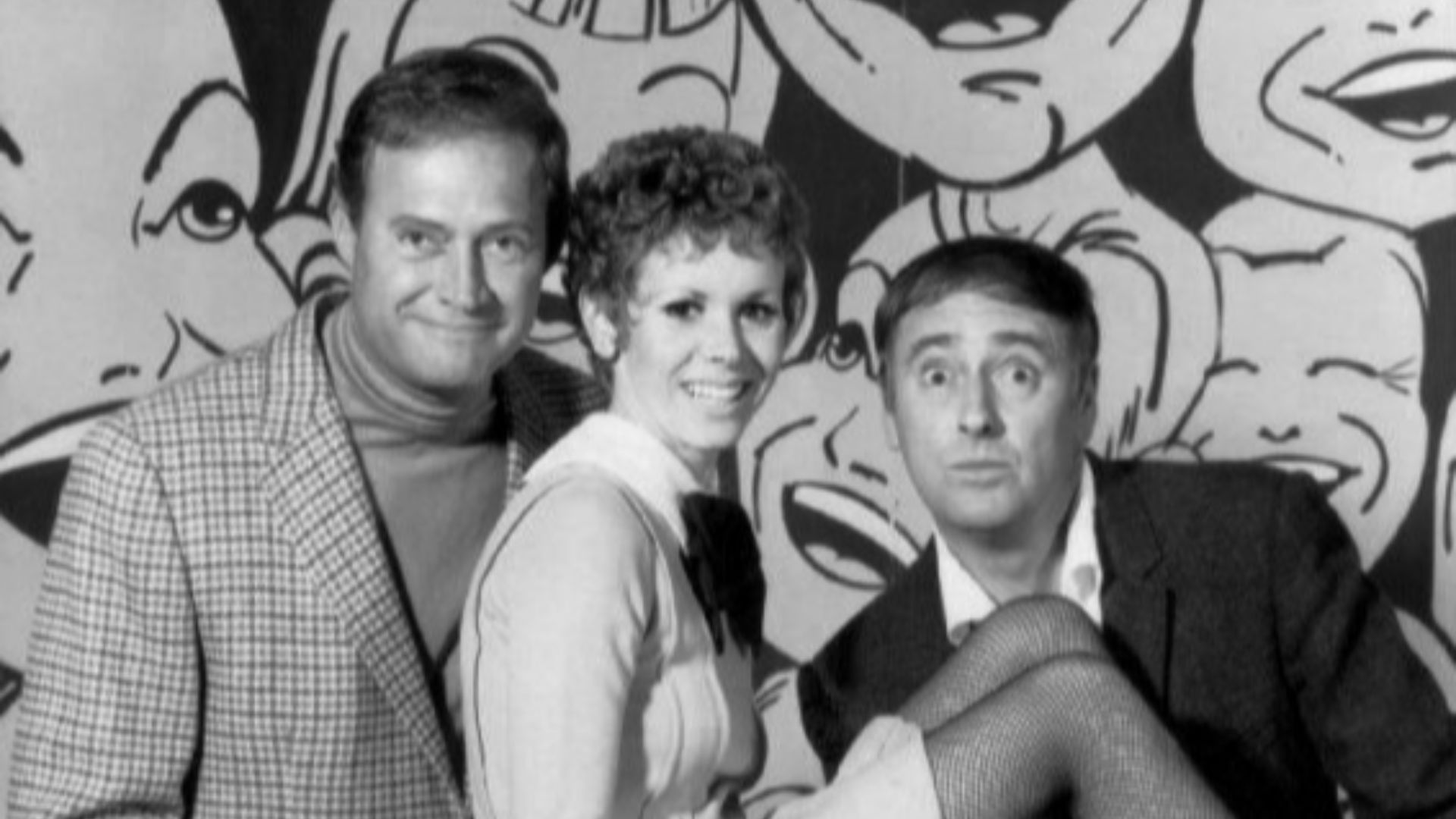 Publicity photo of Dan Rowan, Dick Martin, and Judy Carne as she joins the Rowan & Martin's Laugh-In cast.
