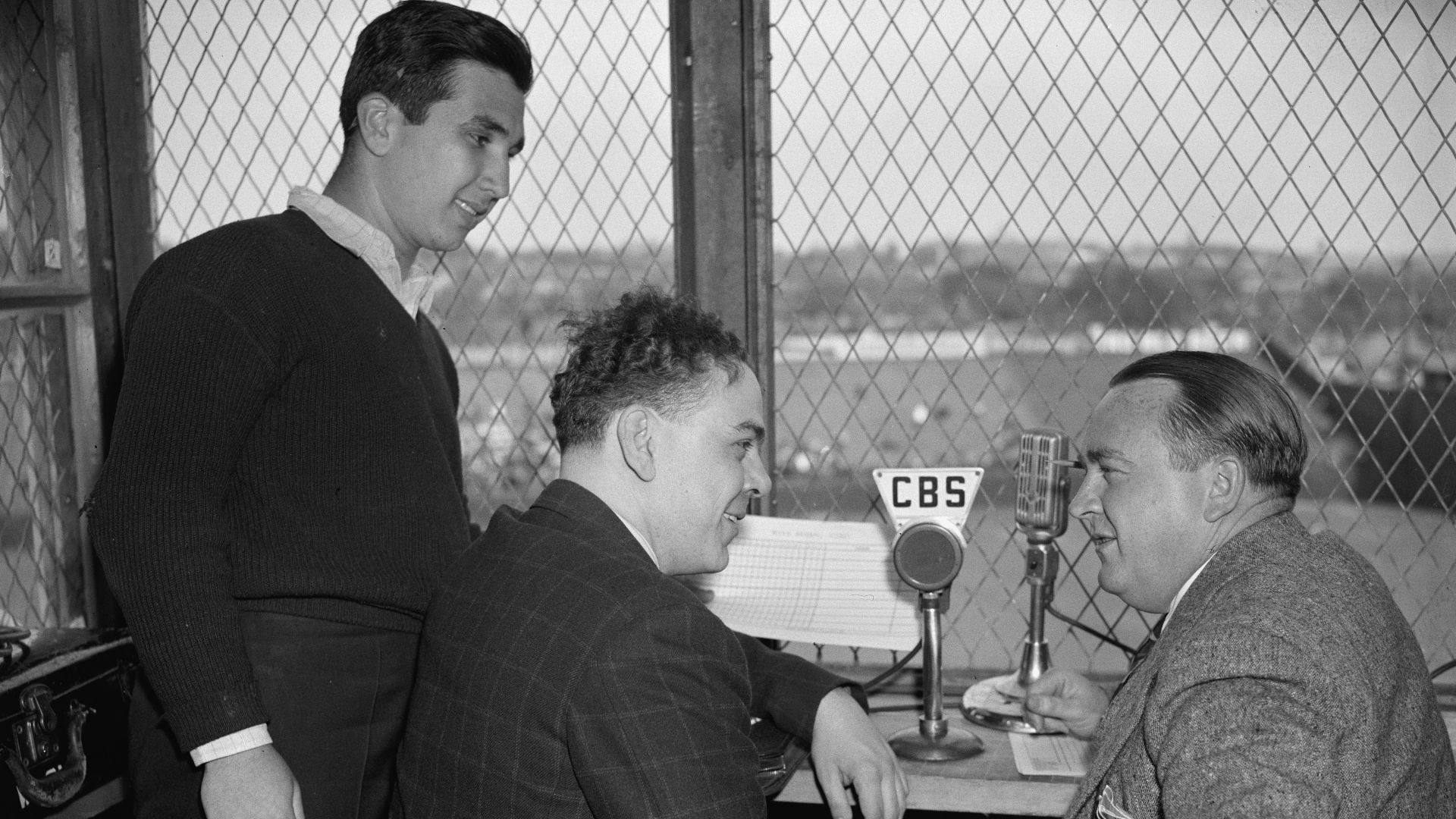 Title: Columbia Broadcasting System. Arch McDonald, Warren Sweeney, and helpers at ball park, 4/19/38
Abstract/medium: 1 negative : glass ; 4 x 5 in. or smaller