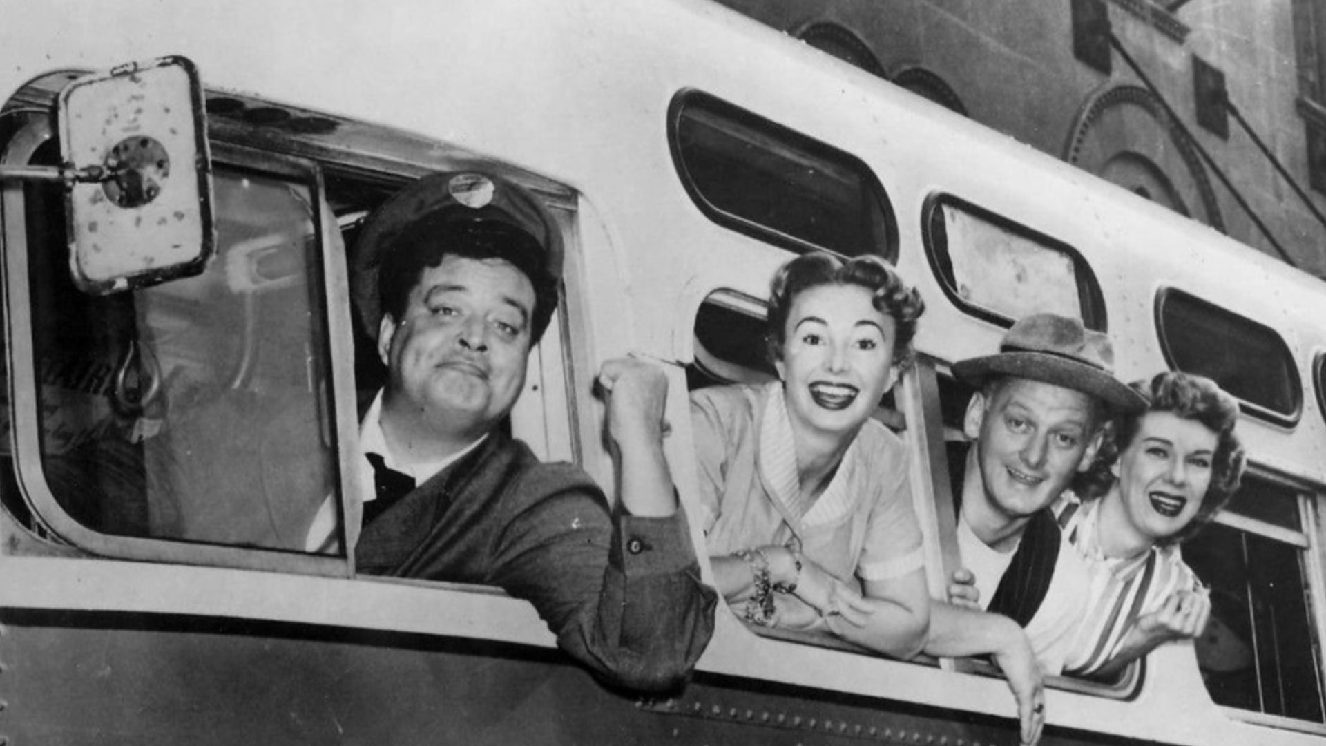 Photo of the complete cast of the television program The Honeymooners.  This was the premiere of the show on CBS as it moved there from the DuMont network.  From left: Jackie Gleason (Ralph Kramden), Audrey Meadows (Alice Kramden), Art Carney (Ed Norton),