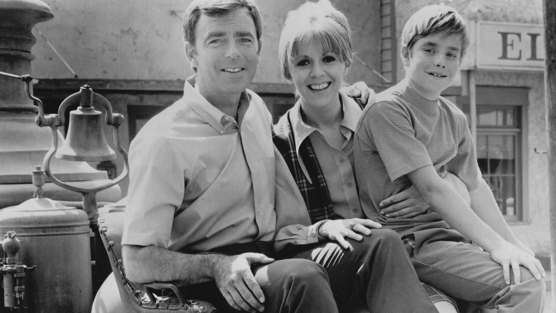 Publicity photo of American actors, (top row; seated in fire engine; L–R) Ken Berry, Arlene Golonka, Buddy Foster, (front row; L–R) George Lindsey (in hat), Jack Dodson, Alice Ghostley and Paul Hartman, promoting the CBS television series Mayberry R.F.D..