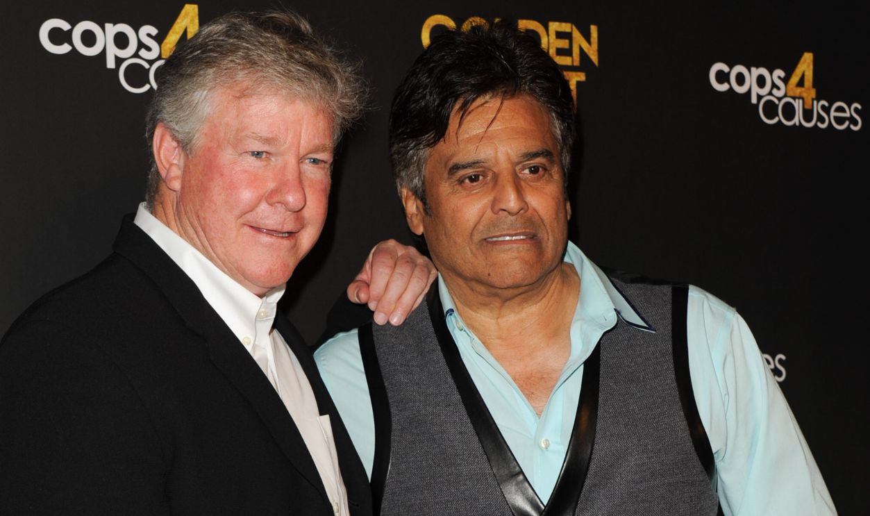 Actors Larry Wilcox and Erik Estrda arrive at Cops 4 Causes Golden Ticket Benefit at Avalon on March 13, 2015 in Hollywood, California