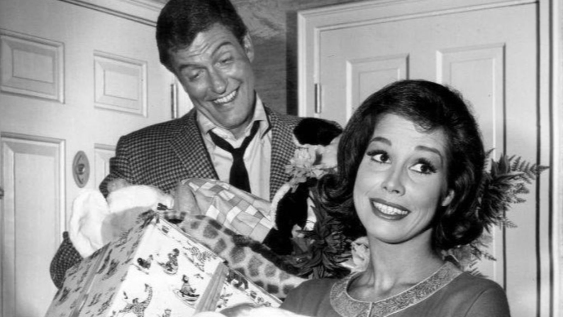 Photo of Dick VanDyke as Rob Petrie and Mary Tyler Moore as Laura Petrie from the television program The Dick VanDyke Show.  In this