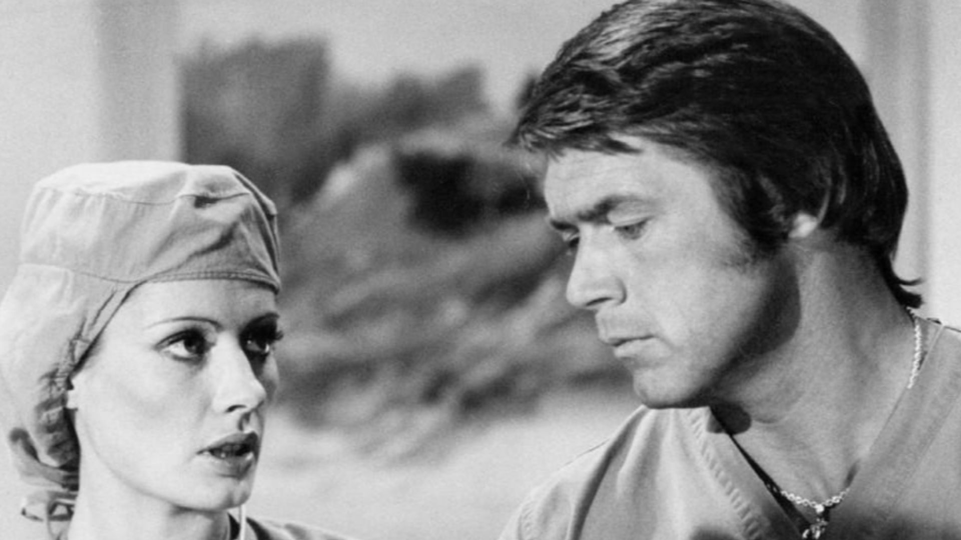 Photo of Chad Everett as Dr. Joe Gannon and guest star Victoria Federova as a Russian surgeon from the television program Medical Center.