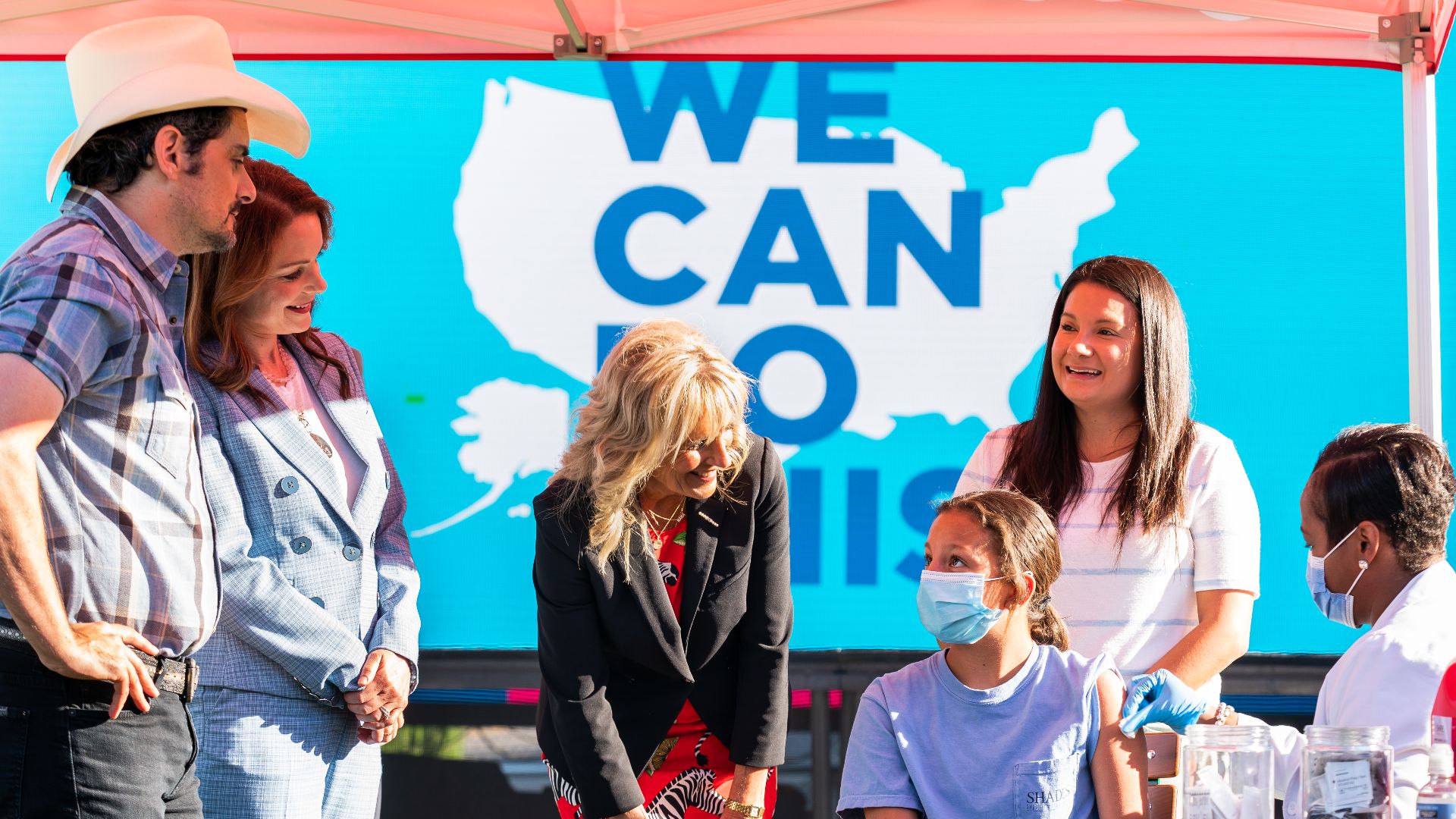 First Lady Jill Biden, Brad Paisley and Kimberly Williams-Paisley tour a pop-up vaccination clinic, Tuesday, June 22, 2021, at Ole Smoky Distillery in Nashville, Tennessee. (Official White House Photo by Cameron Smith)