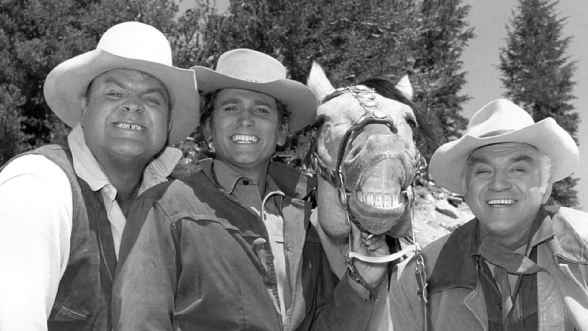 Photo of the main cast of Bonanza.  From left, Dan Blocker (Hoss), Michael Landon (Little Joe), Buck (Lorne Greene's horse in series), Lorne Greene (Ben).  Greene's horse decided to join the photo with a smile of his own accord.