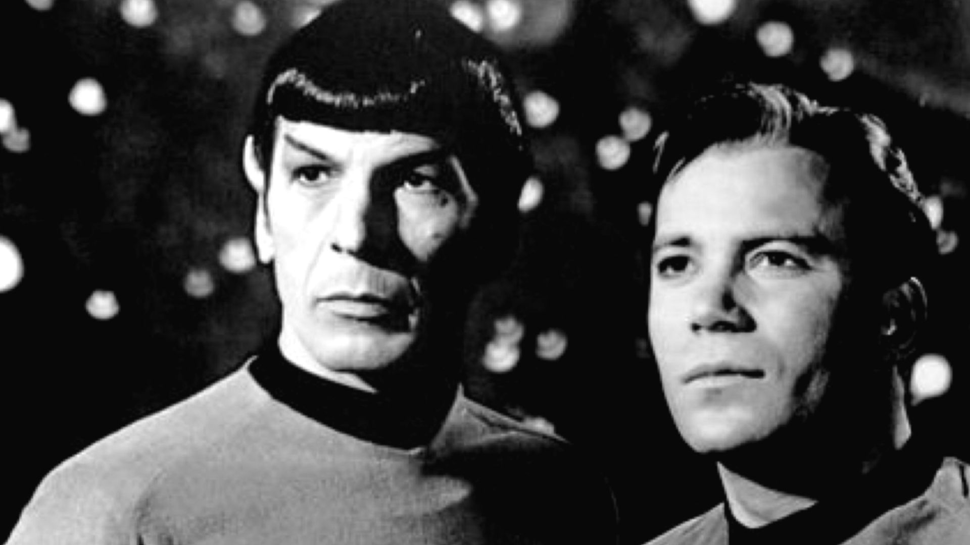 Publicity photo of Leonard Nimoy and William Shatner as Mr. Spock and Captain Kirk from the television program Star Trek.